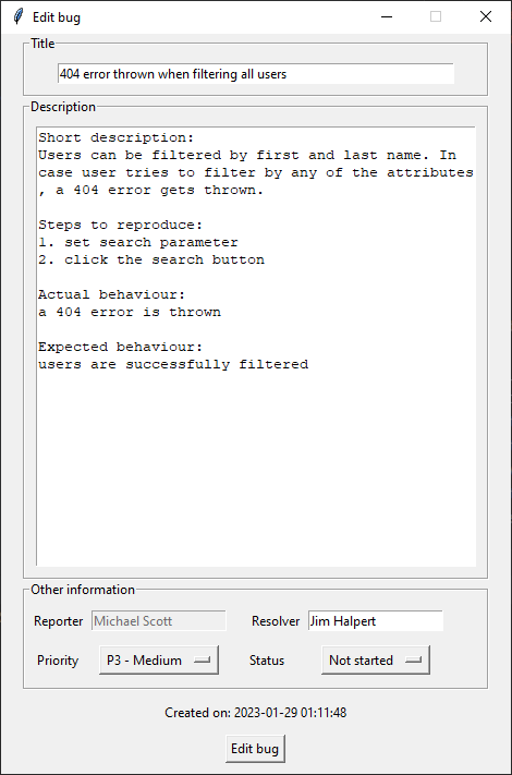 the edit bug window