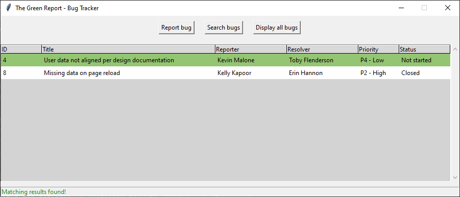 main window after conducting a bug search