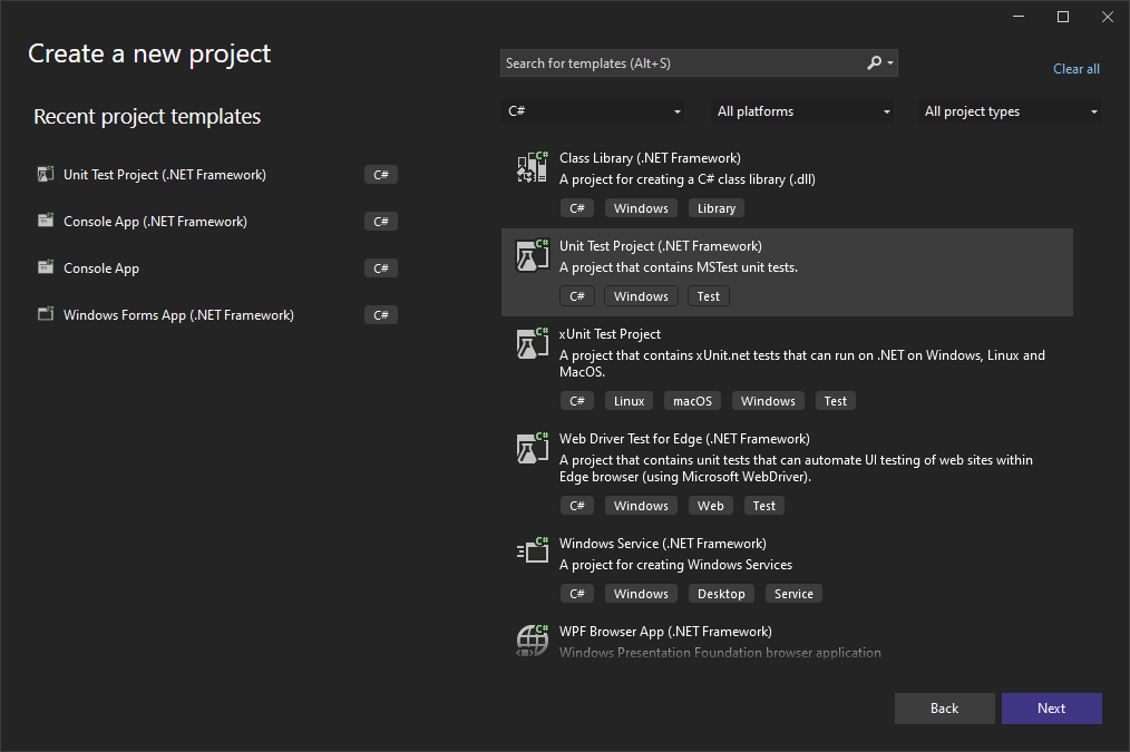 unit testing project template in visual studio