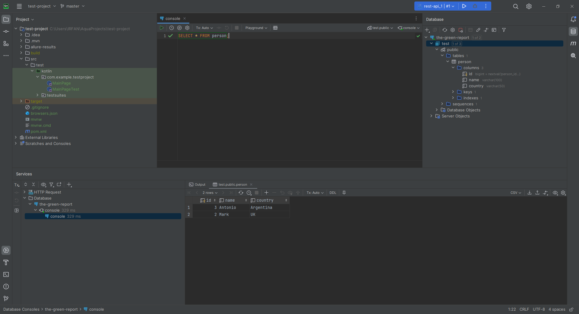 executed database query with results using the Database feature