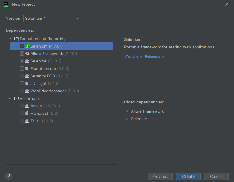 dependencies window for new Selenium project