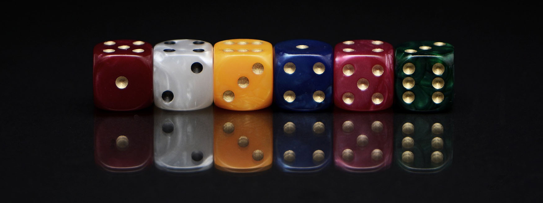 Six dices on a table