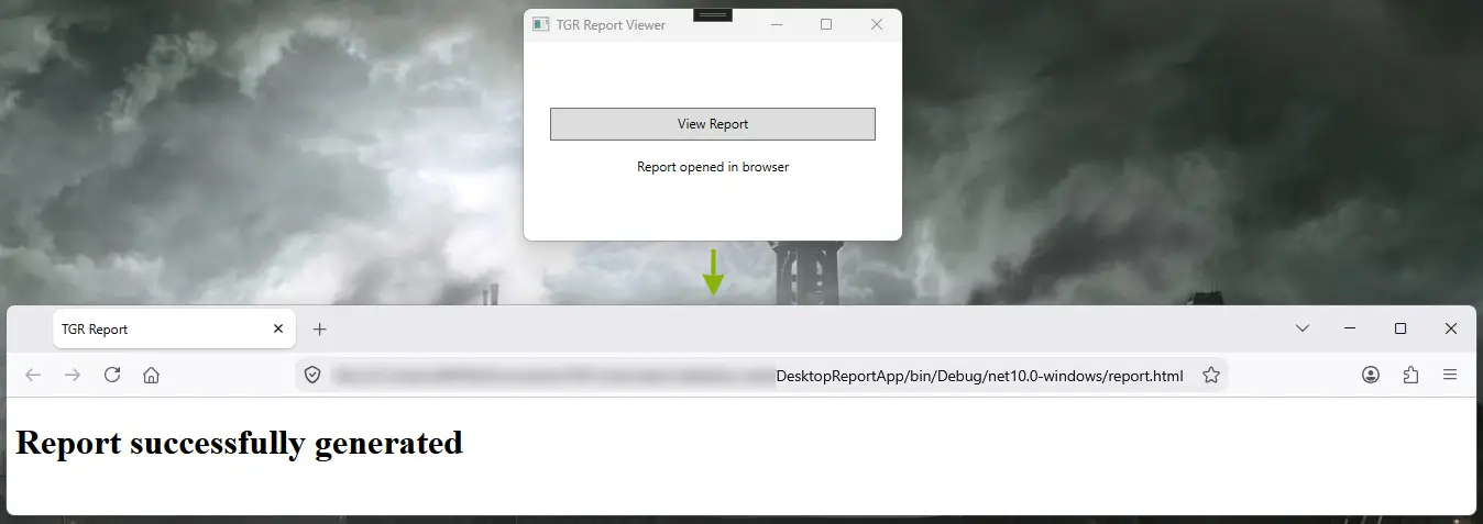 WPF app after clicking View Report, with the report page open in the browser below it